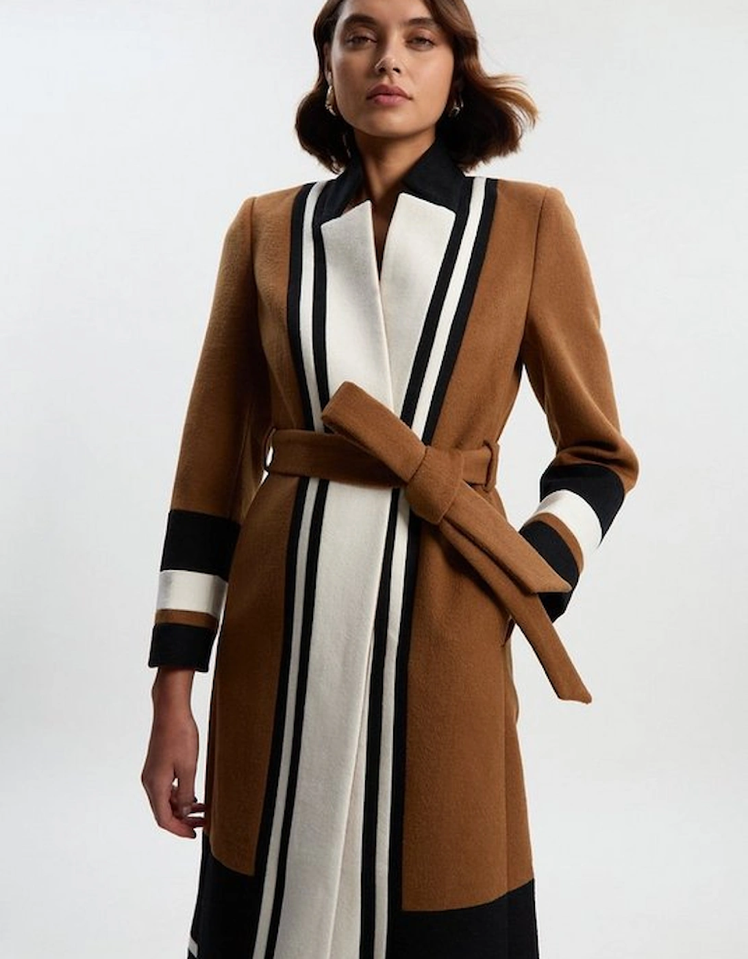Brushed Wool Colour Block Tailored Belted Midi Coat, 5 of 4