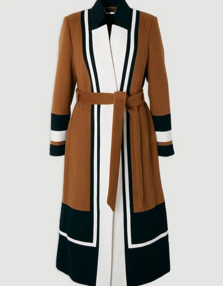 Brushed Wool Colour Block Tailored Belted Midi Coat