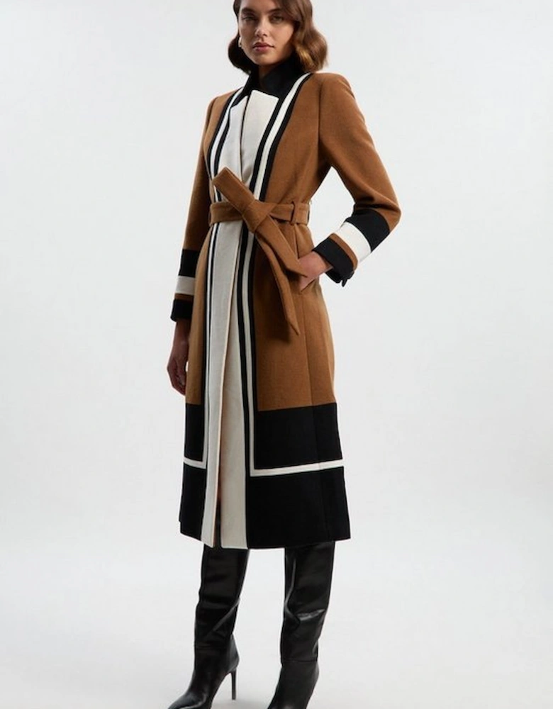 Brushed Wool Colour Block Tailored Belted Midi Coat