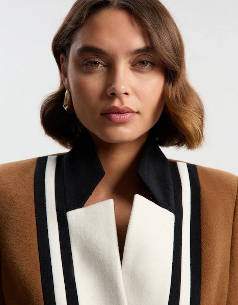 Brushed Wool Colour Block Tailored Belted Midi Coat