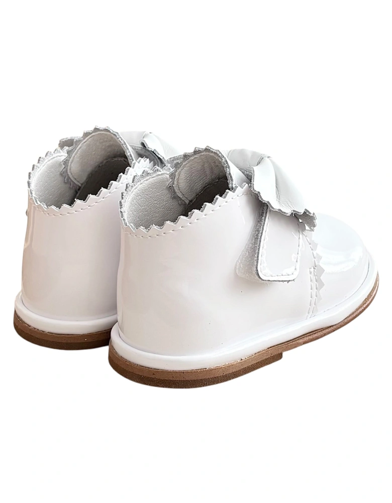Sharon White Patent Leather Velcro Boot with Bow