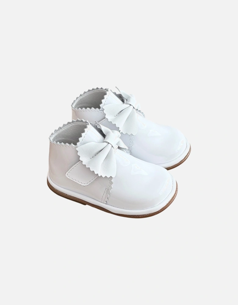 Sharon White Patent Leather Velcro Boot with Bow