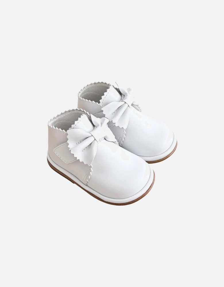 Sharon White Leather Velcro Boot with Bow