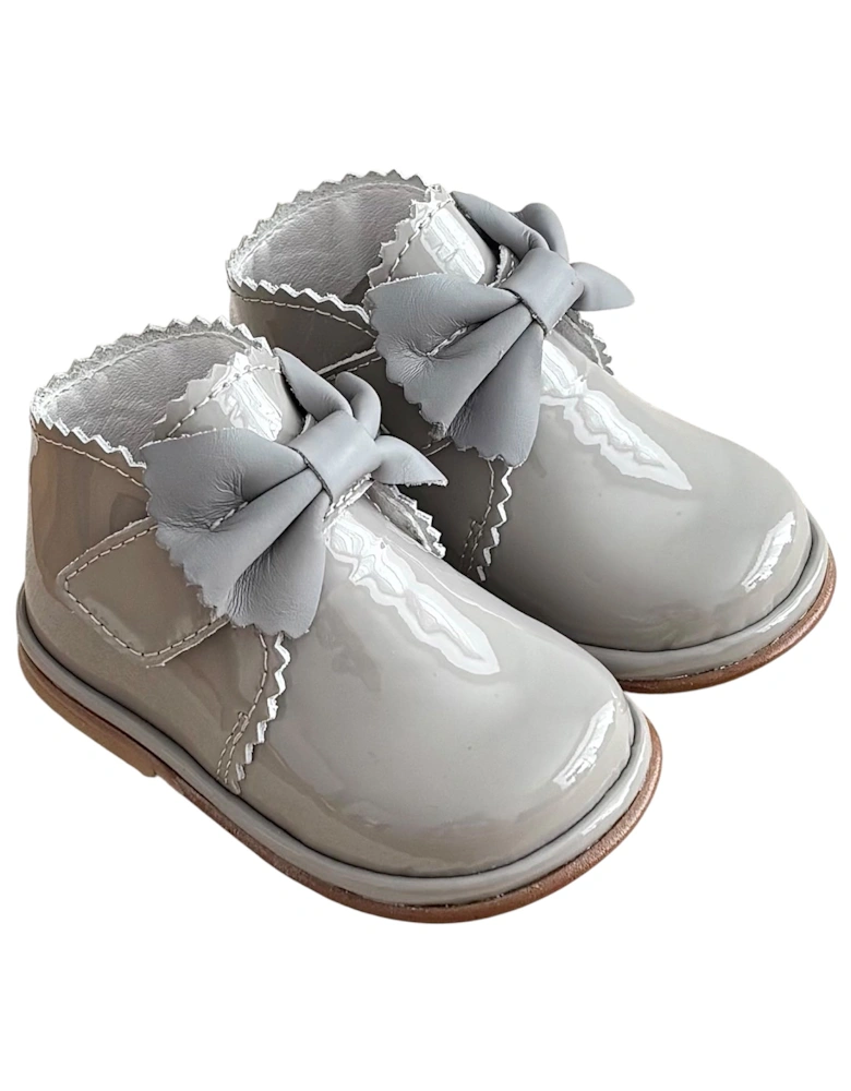 Sharon Grey Patent Leather Velcro Boot with Bow
