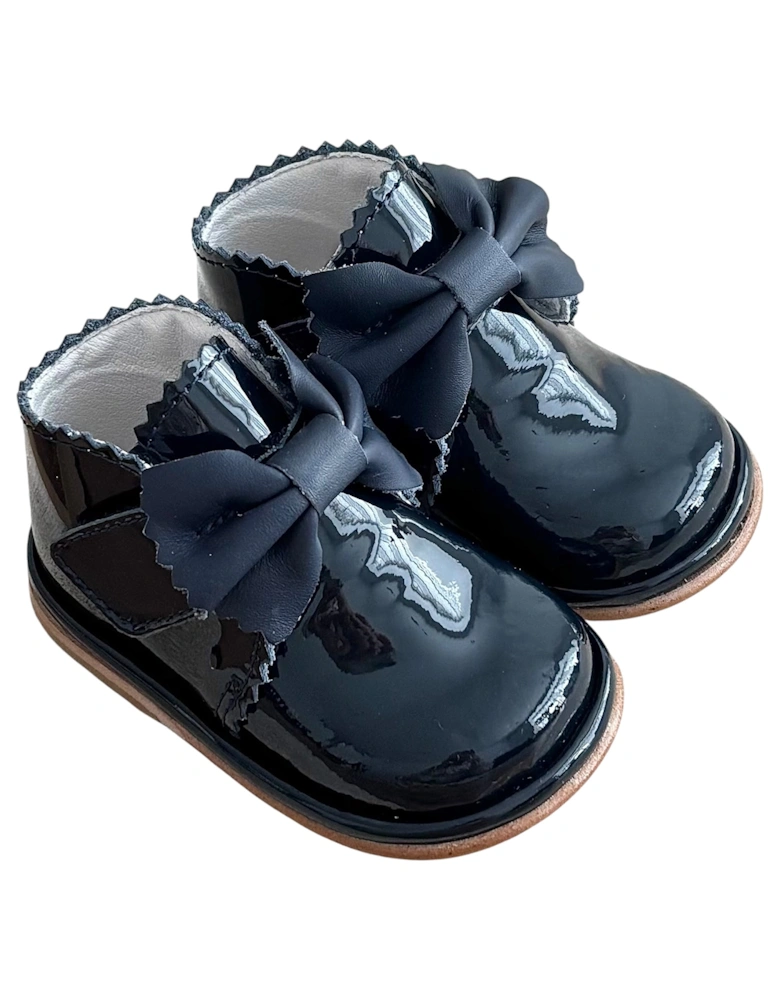 Sharon Navy Patent Leather Velcro Boot with Bow