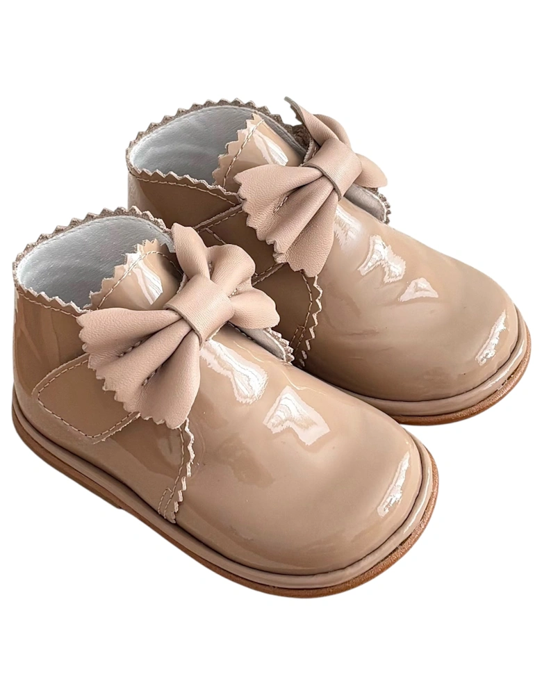 Sharon Camel Patent Leather Velcro Boot with Bow