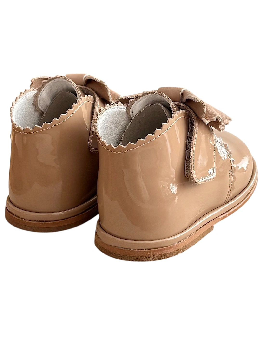 Sharon Camel Patent Leather Velcro Boot with Bow