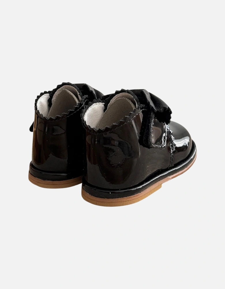 Sharon Black Patent Leather Velcro Boot with Bow