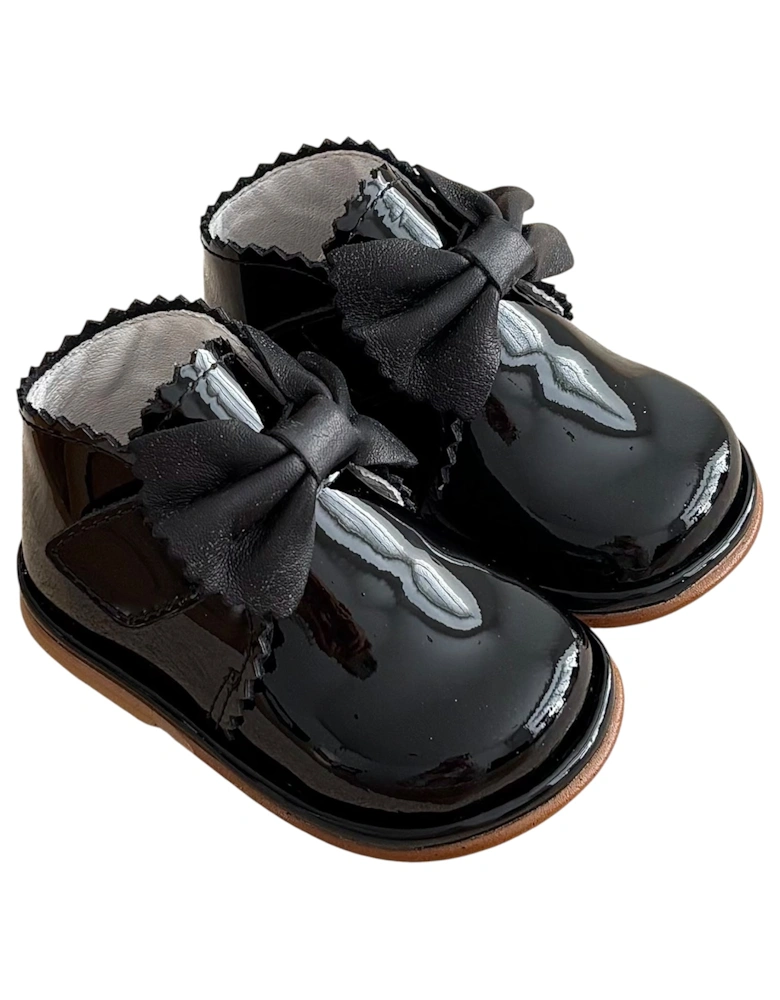 Sharon Black Patent Leather Velcro Boot with Bow