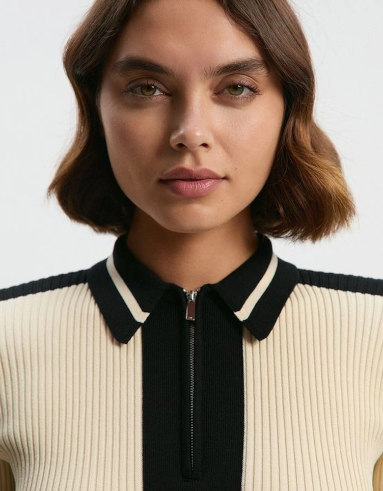 Rib Knit Polo Zip Up Top