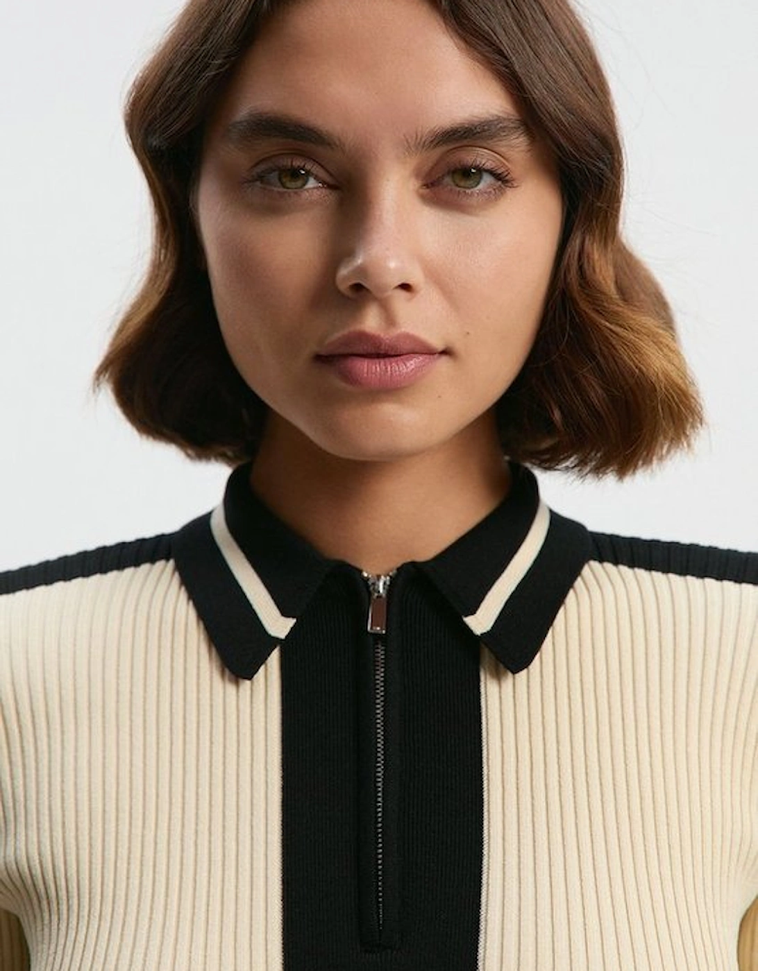 Rib Knit Polo Zip Up Top