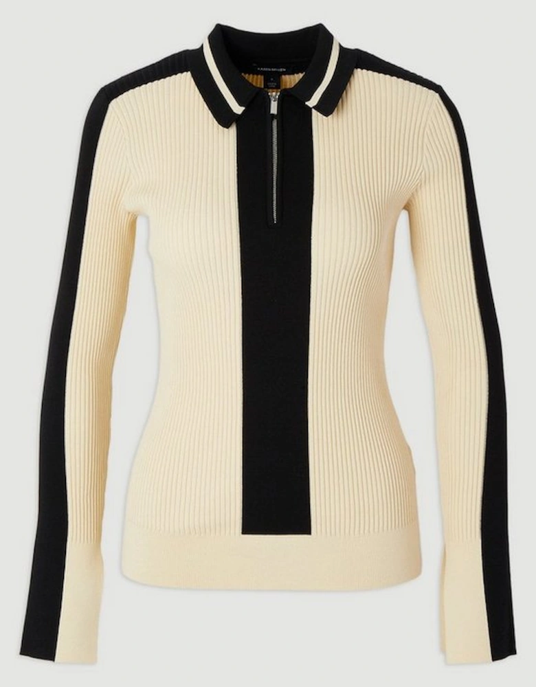 Rib Knit Polo Zip Up Top