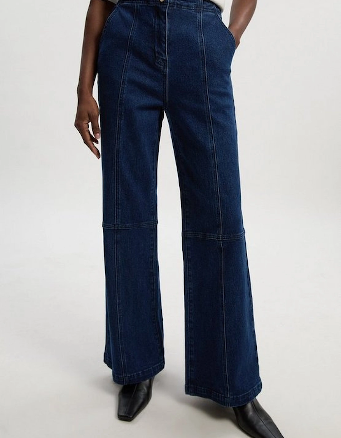 Denim Button Front Straight Leg Trousers