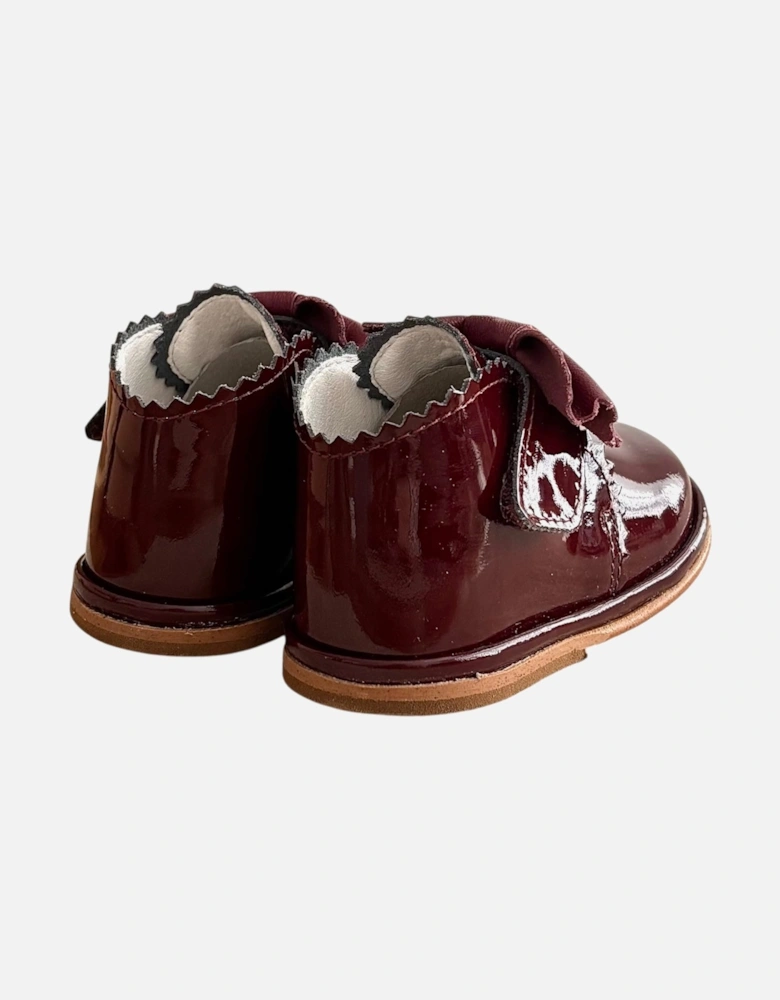 Sharon Burgundy Patent Leather Velcro Boot with Bow