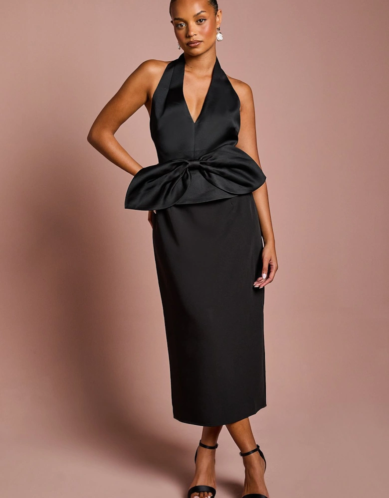 Petite Halter Neck Structured Satin Column Midi Dress