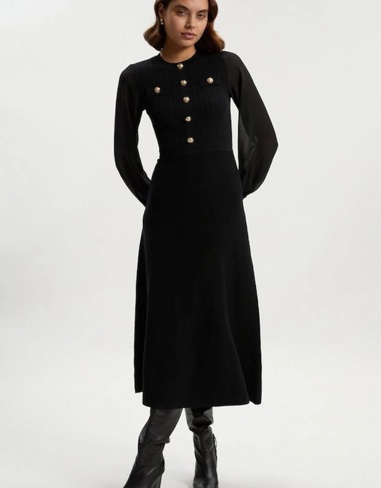 Petite Viscose Blend Maxi Knit Dress With Chiffon Sleeve Military Trim