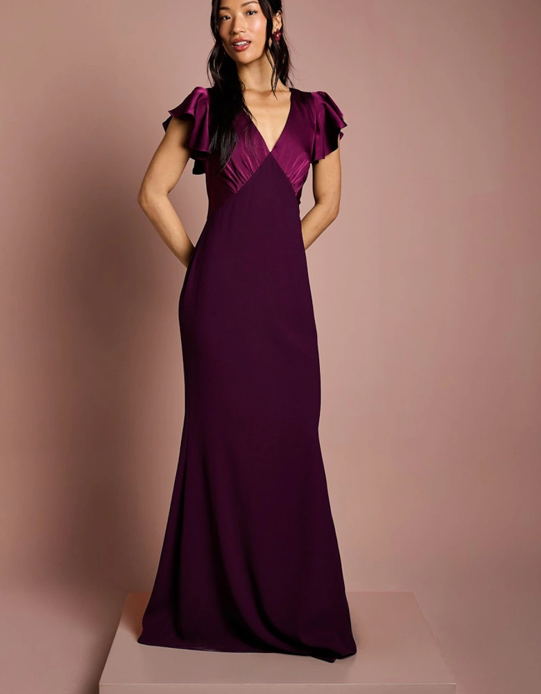 Honoured V Neck Angel Short Sleeve Satin Maxi Bridesmaid Dress