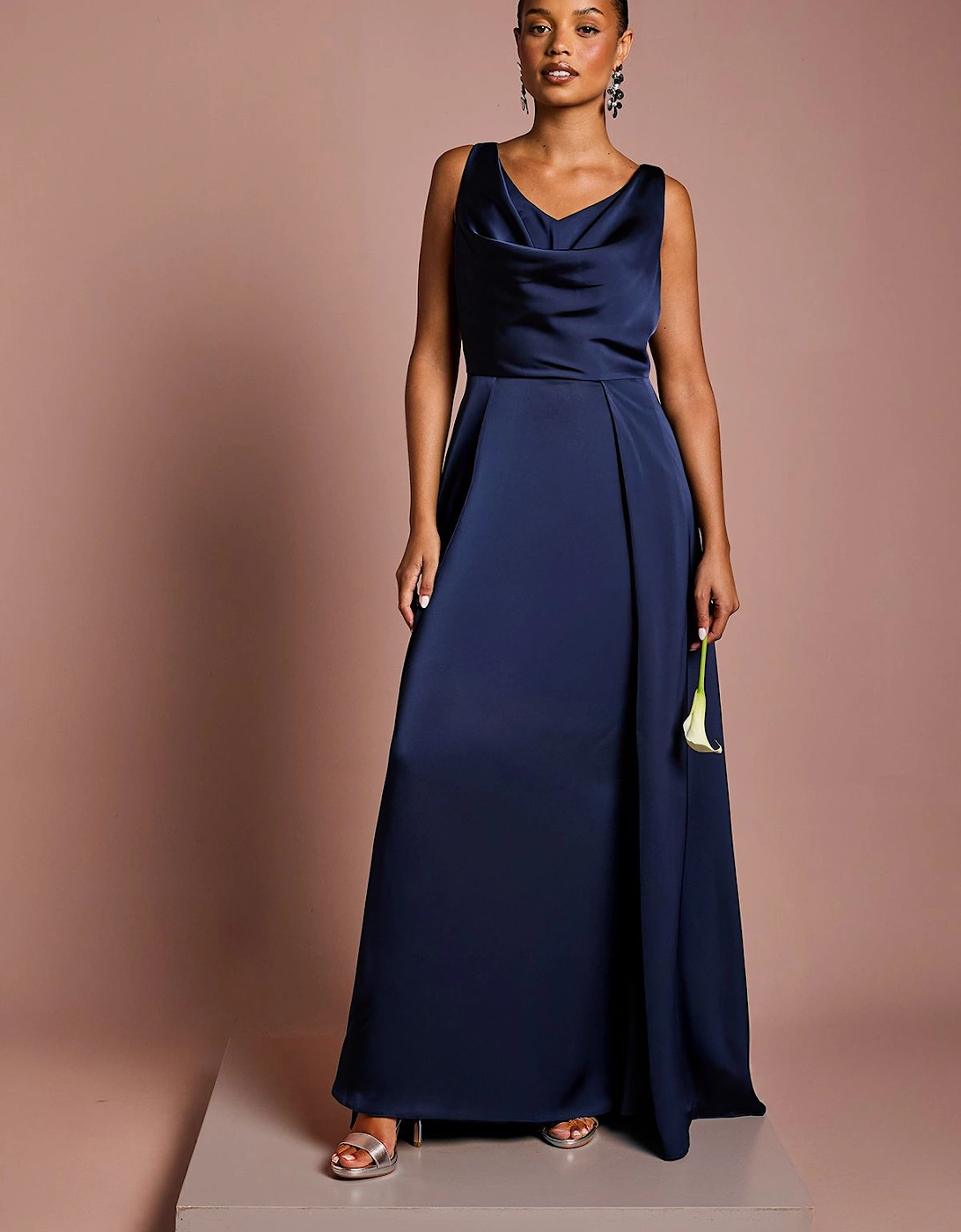 Honoured Petite Sleeveless Cowl Neck Satin Maxi Bridesmaid Dress, 2 of 1