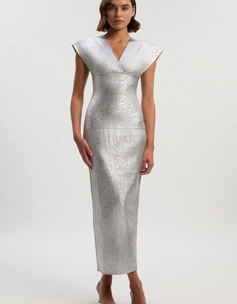 Foil Metallic Figure Form Angel Sleeve Knit Maxi Dress
