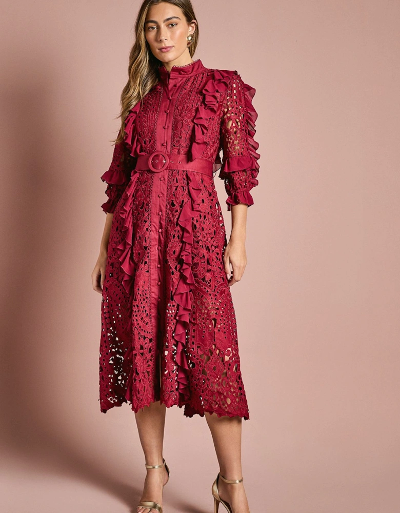 Lace Ruffle Shirt Dress With Tie