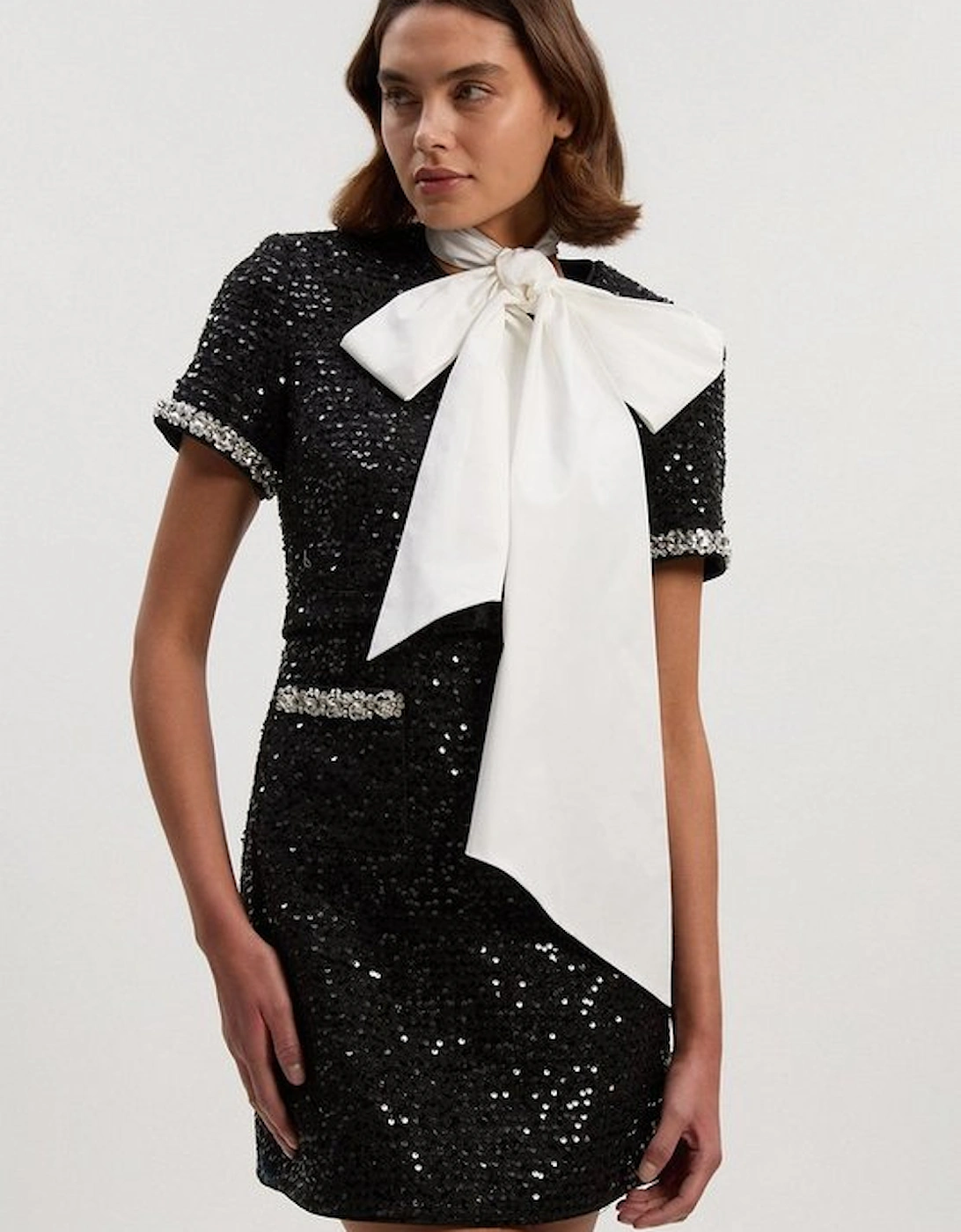 Tailored Sequin Tweed Tie Bow Neck Embellished Mini Dress, 4 of 3