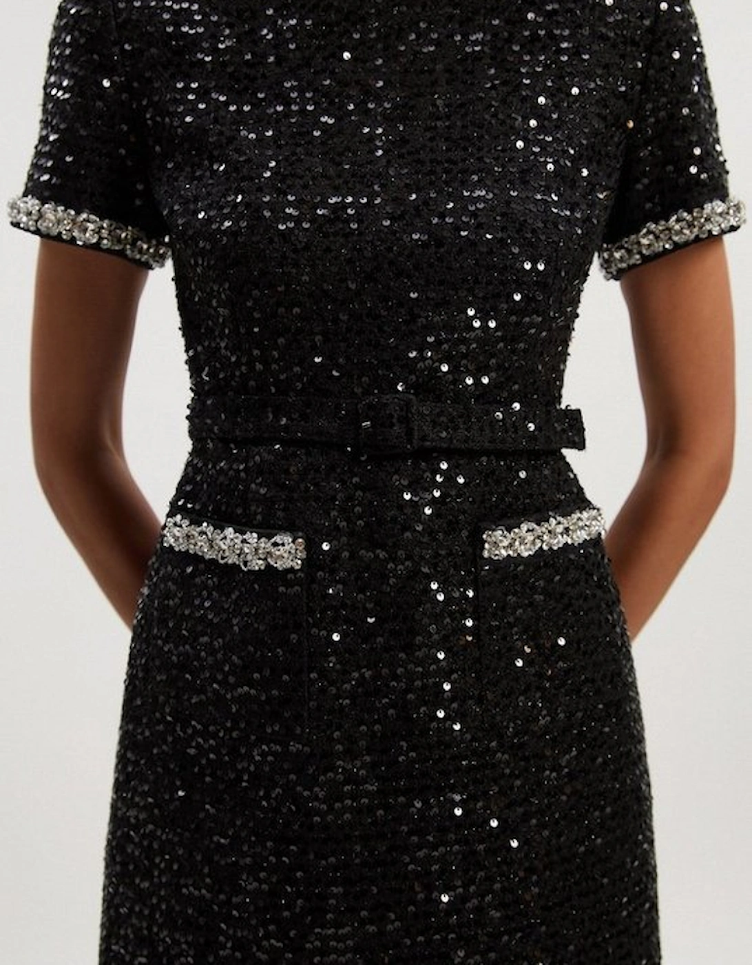 Tailored Sequin Tweed Tie Bow Neck Embellished Mini Dress