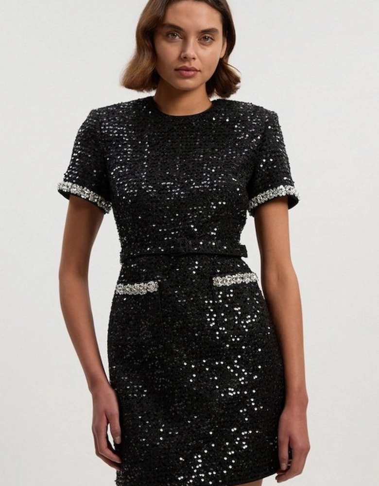 Tailored Sequin Tweed Tie Bow Neck Embellished Mini Dress