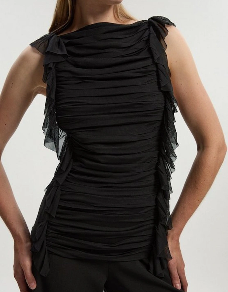Bandage Mesh Gathered Ruffle Knit Top