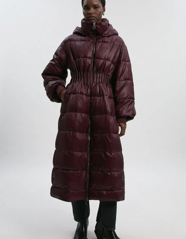 Quilted Drawstring Waist Hooded Rib Cuff Maxi Puffer Coat