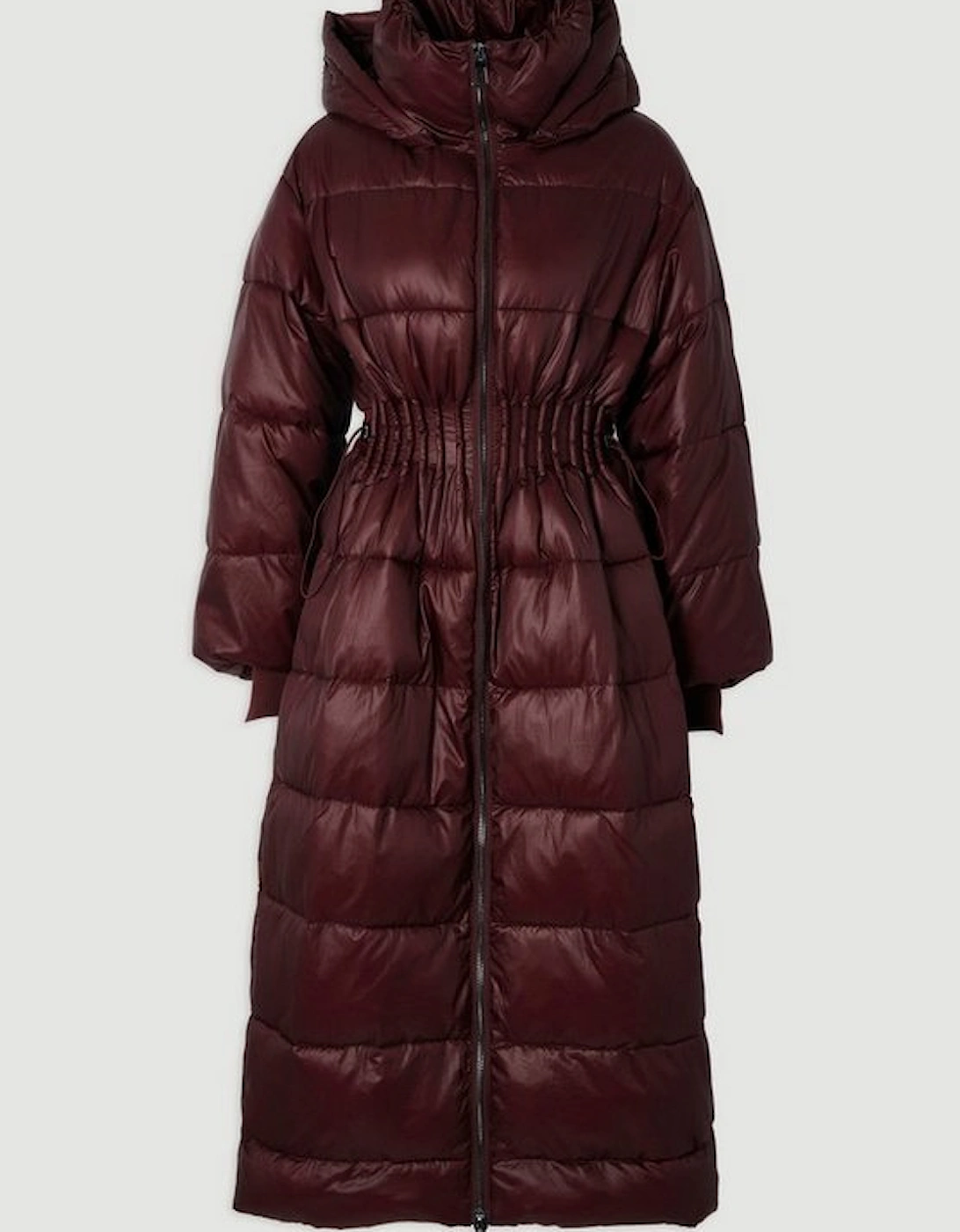 Quilted Drawstring Waist Hooded Rib Cuff Maxi Puffer Coat