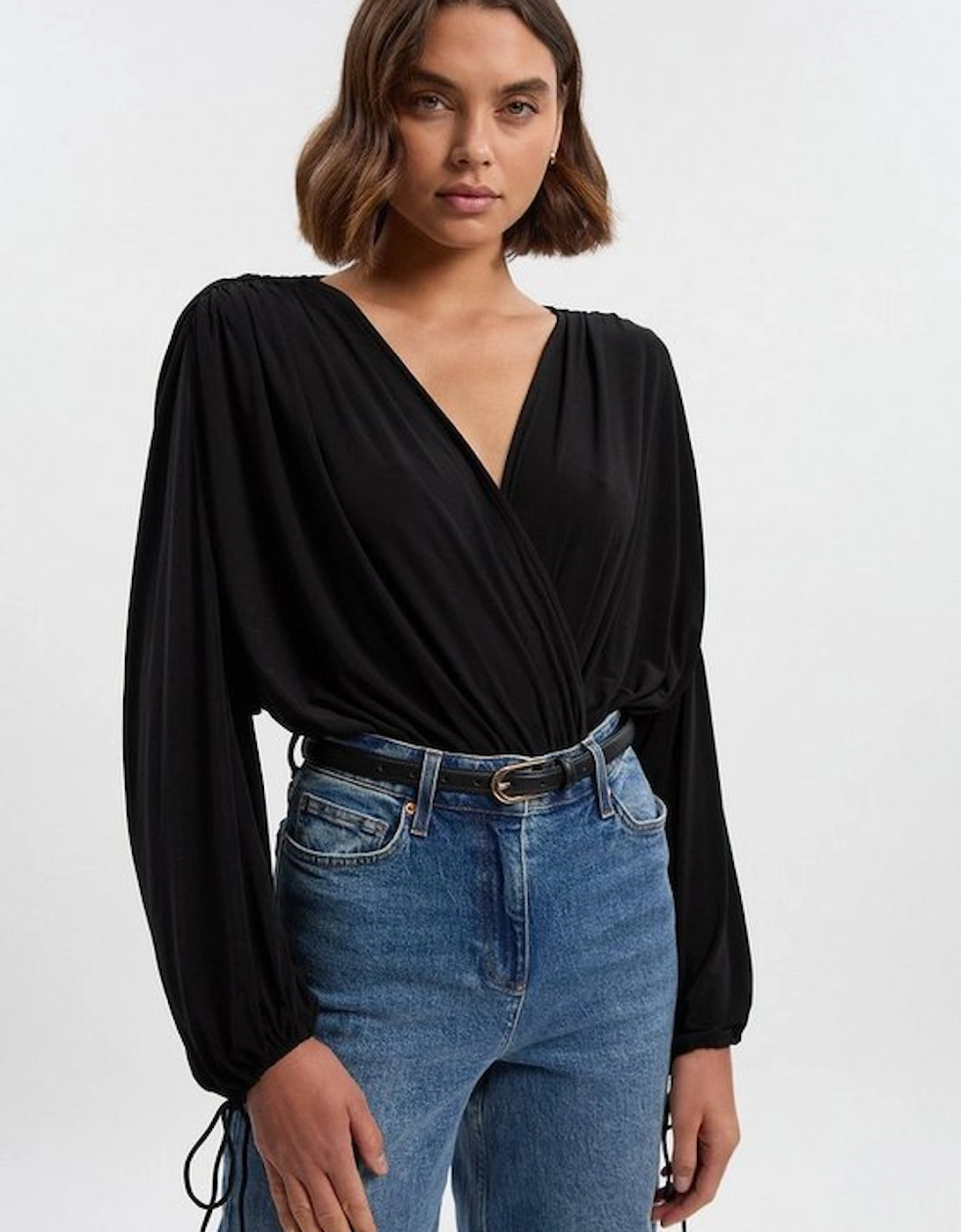 Stretch Drapey Crepe Ruched Plunge Neck Batwing Sleeve Bodysuit, 4 of 3