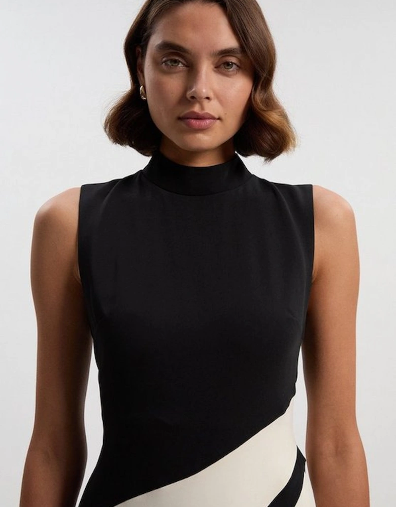 Soft Tailored Colour block High Neck Pleated Midi Dress