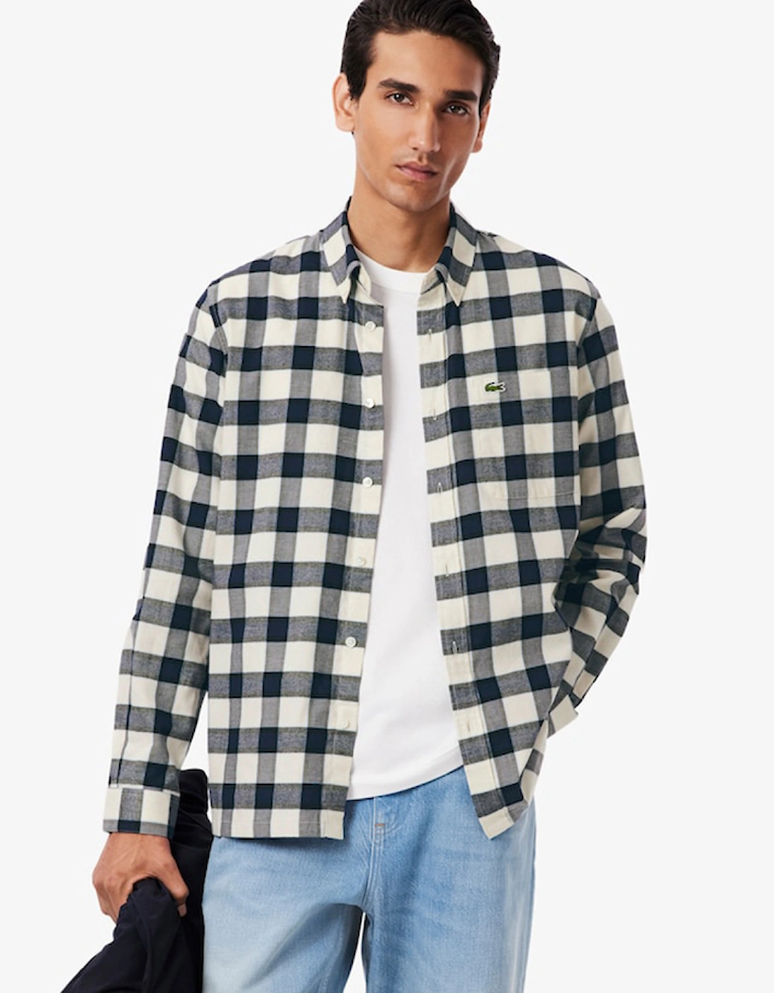 Men's Lacoste Regular Fit Plaid Flannel Shirt - White - Size: 18 - 46