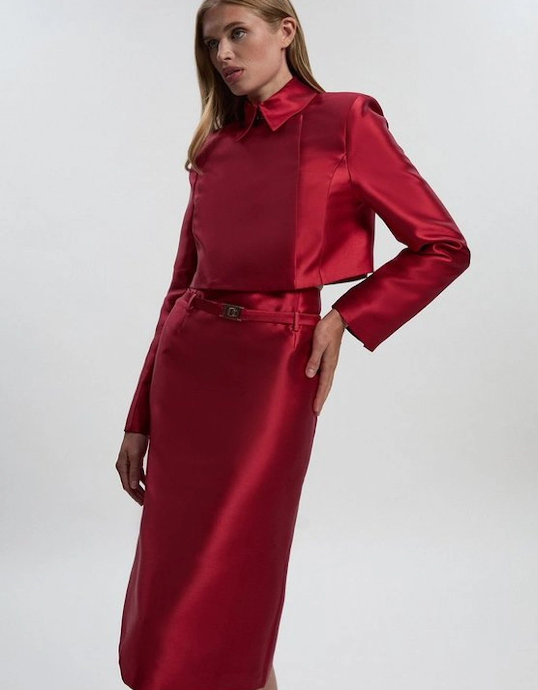 Satin Twill Cropped Wrap Tailored Jacket