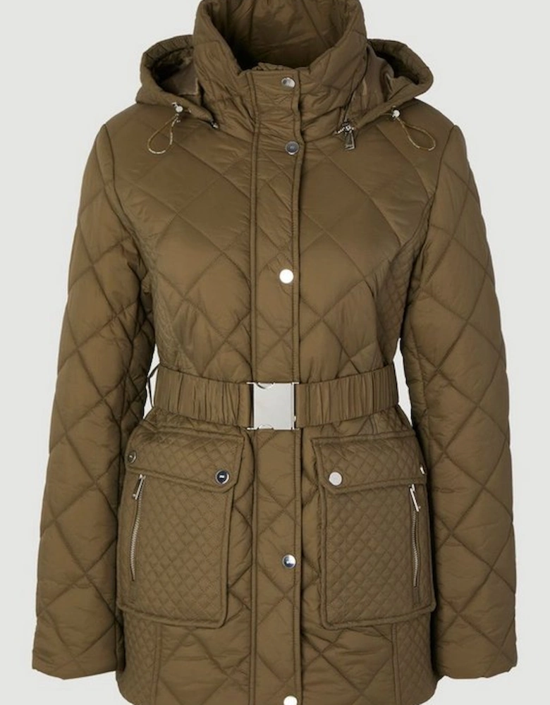 Diamond Quilted Belted Short Padded Coat