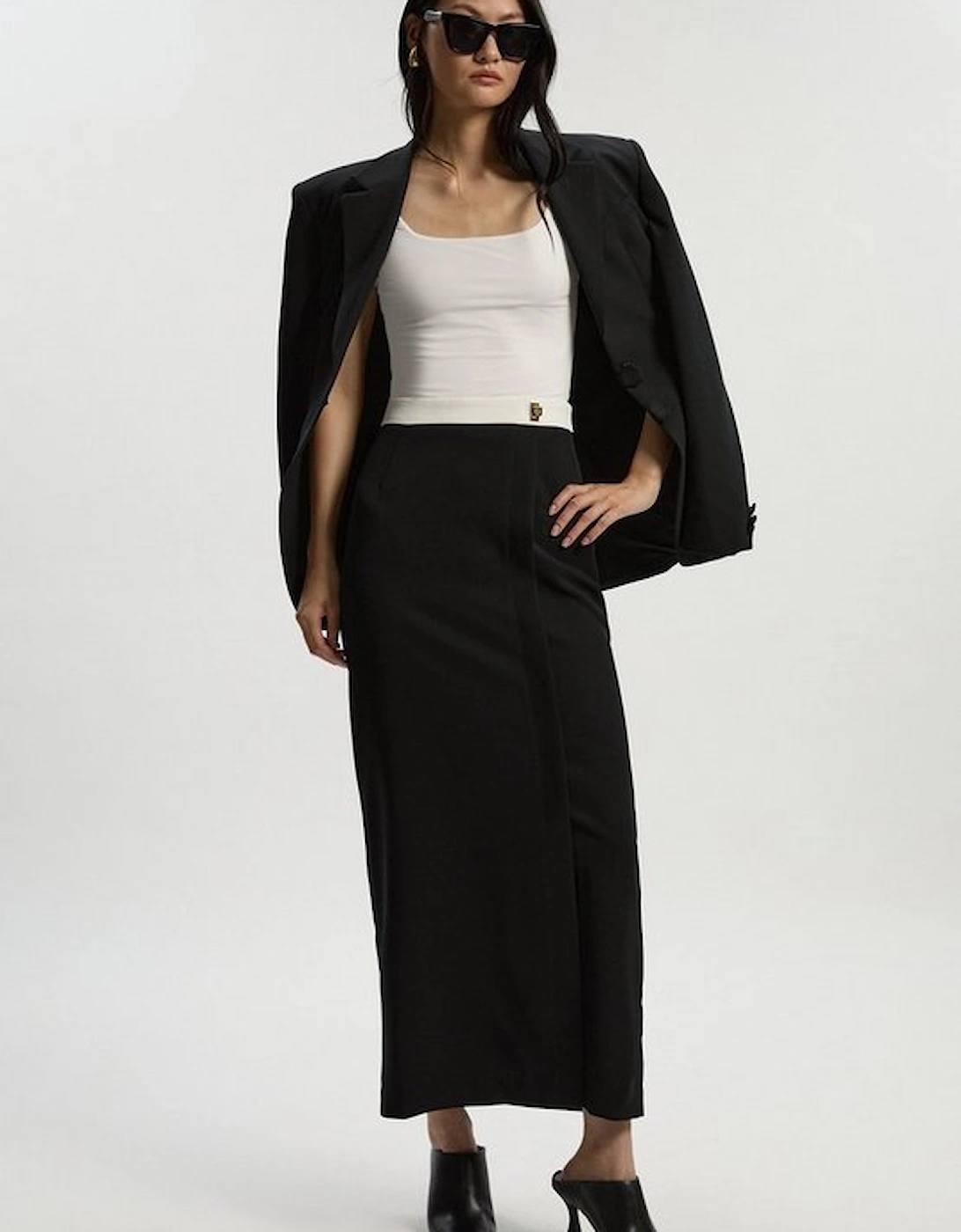 Twill Contrast Hardware Woven Midi Skirt