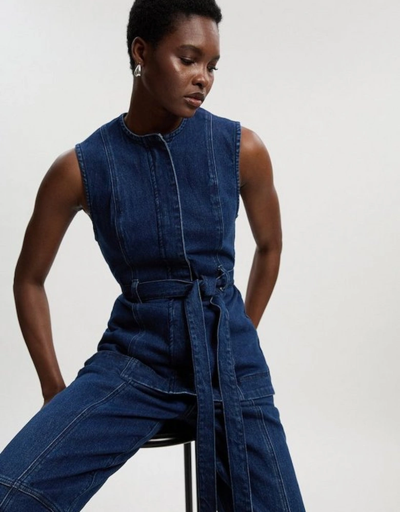 Denim Sleeveless Belted Jacket