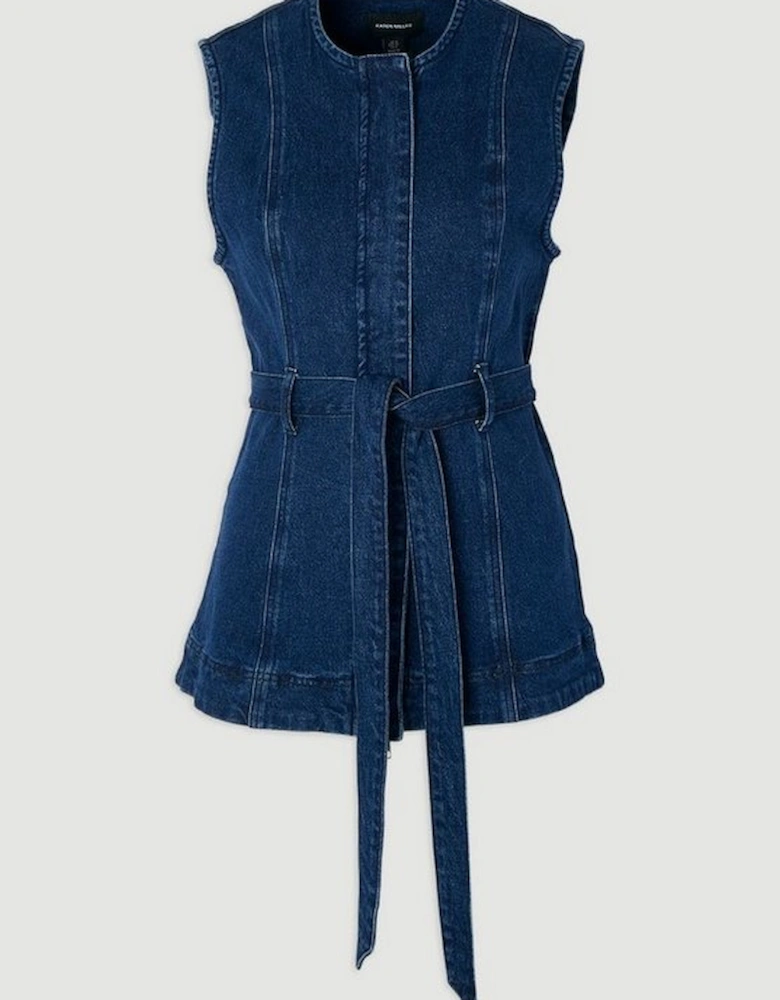 Denim Sleeveless Belted Jacket