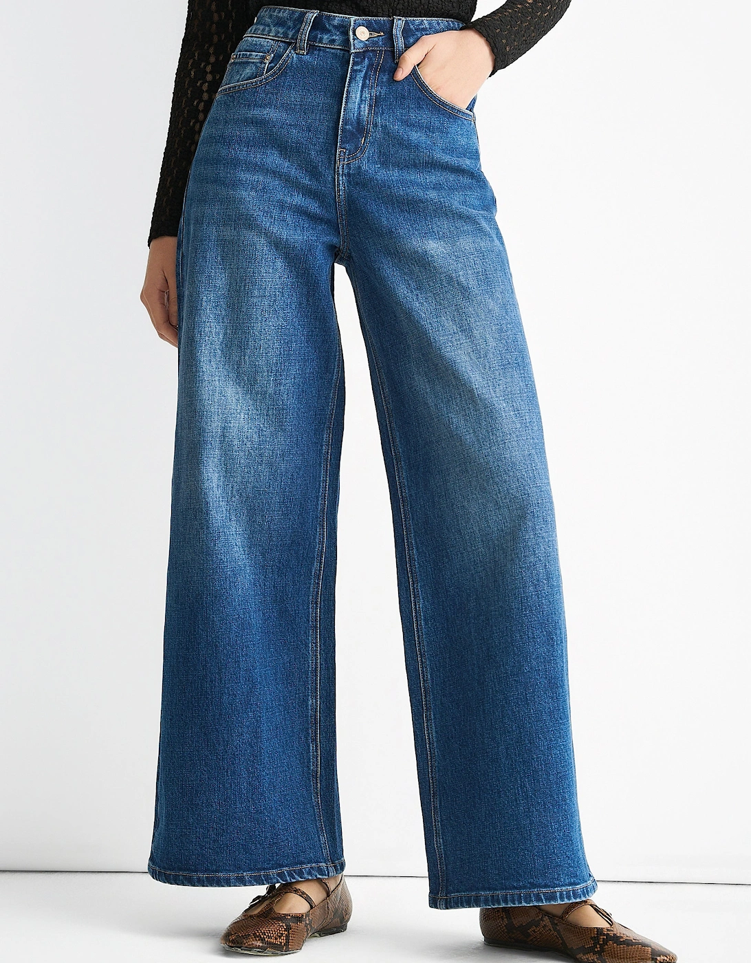Blue Mid Rise Wide Leg Jeans
