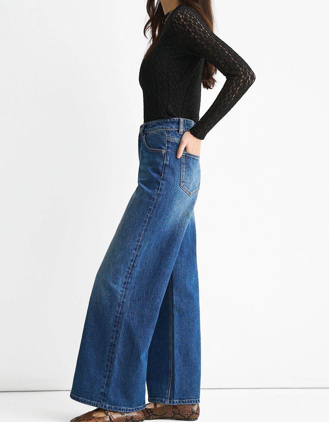 Blue Mid Rise Wide Leg Jeans