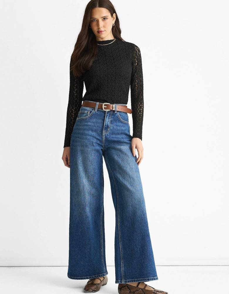 Blue Mid Rise Wide Leg Jeans