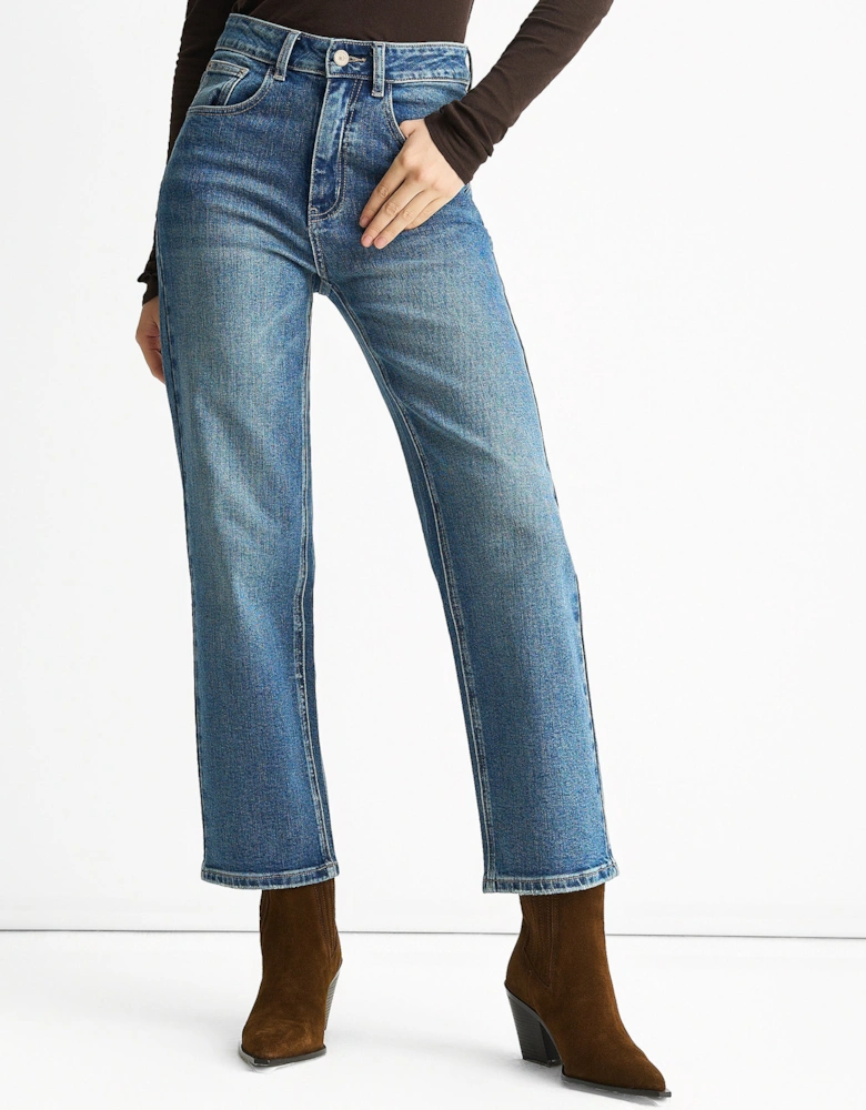 Blue Mid Rise Straight Leg Jeans