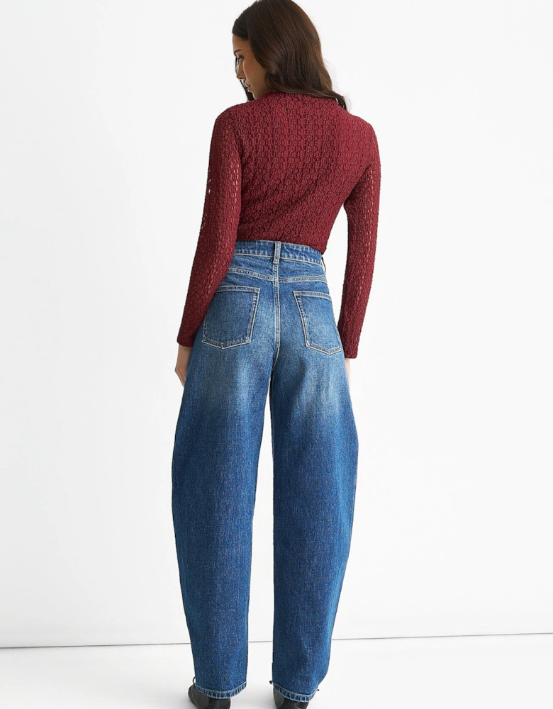 Blue Mid Rise Barrel Leg Jeans