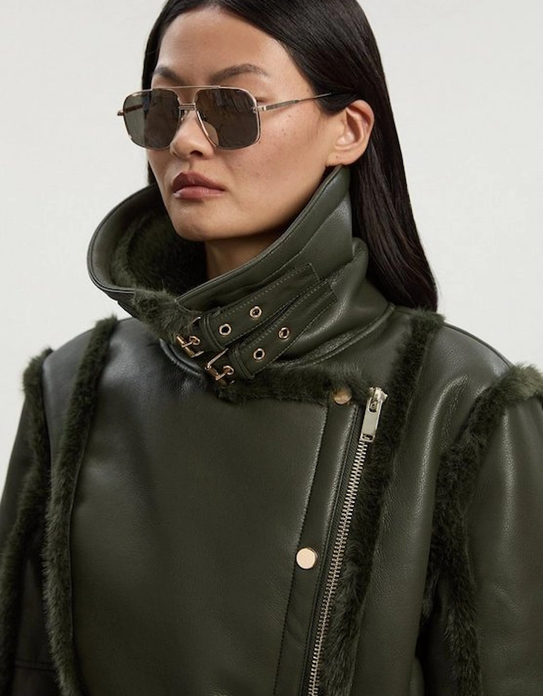 Faux Fur High Neck Belted Biker Coat