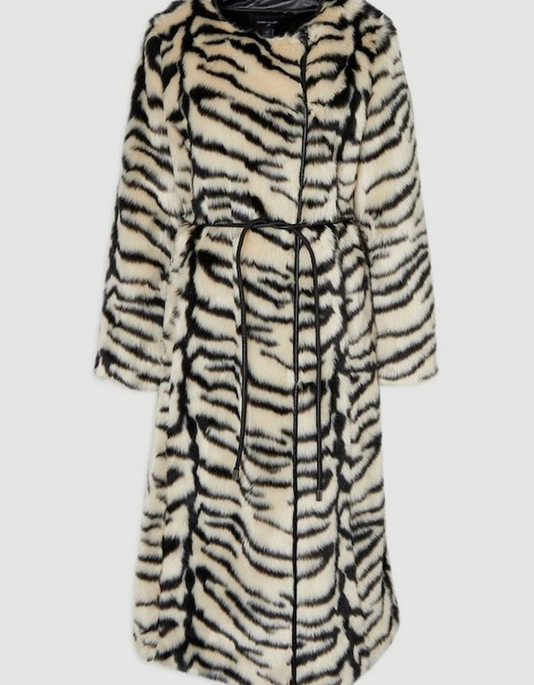 Faux Fur Zebra Collarless Tie Belted Midi Coat