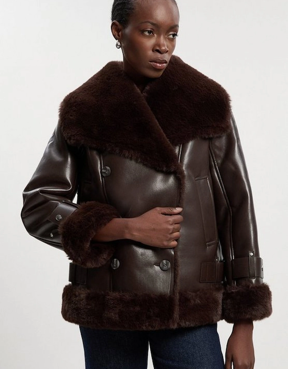 Faux Shearling Oversize Collar Short Coat