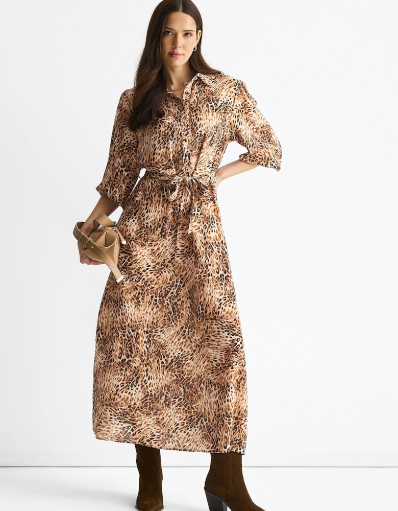 Brown Animal Printed Shirt Midi Dress