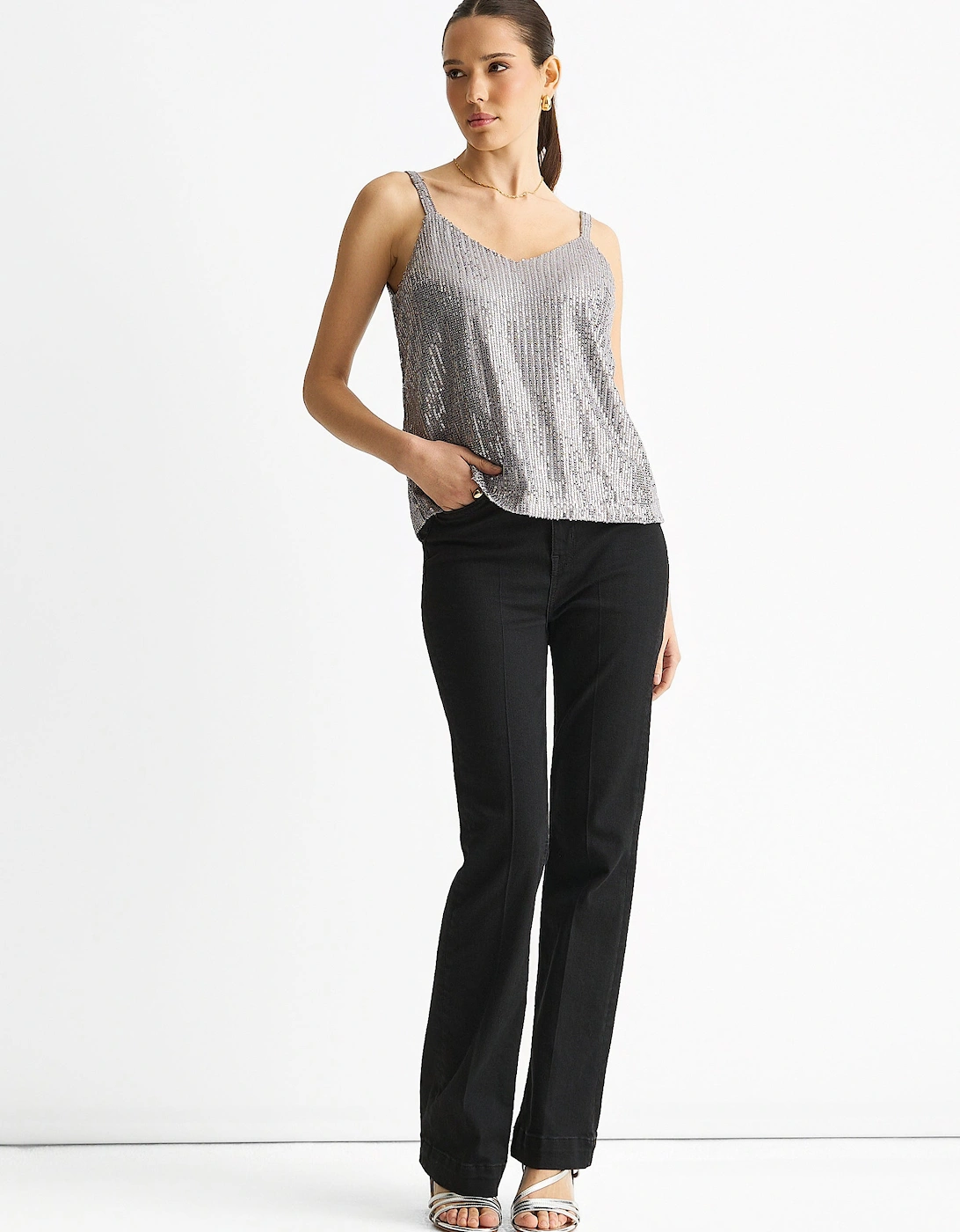 Silver Sequin V Neck Cami Top