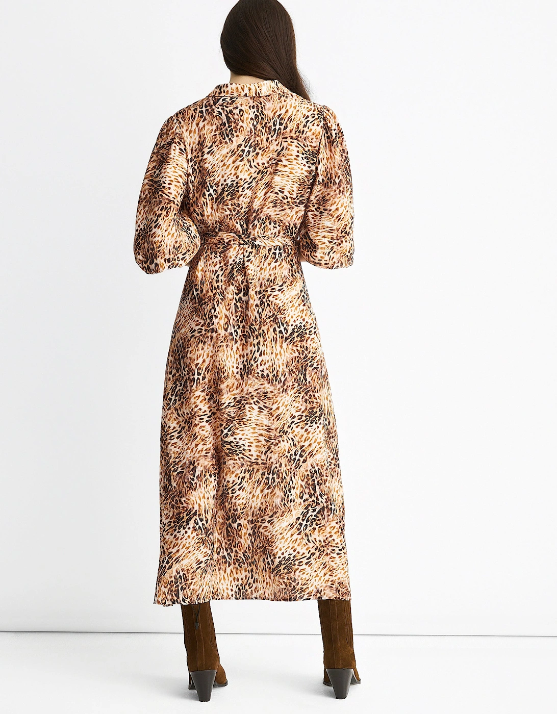 Brown Animal Printed Shirt Midi Dress