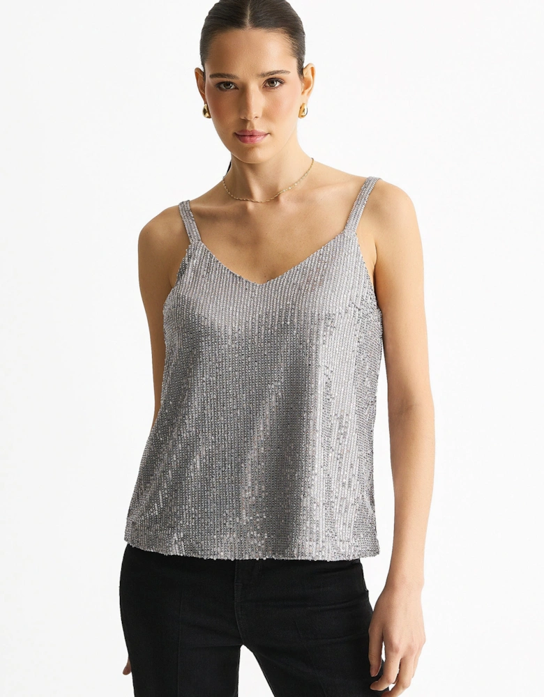 Silver Sequin V Neck Cami Top